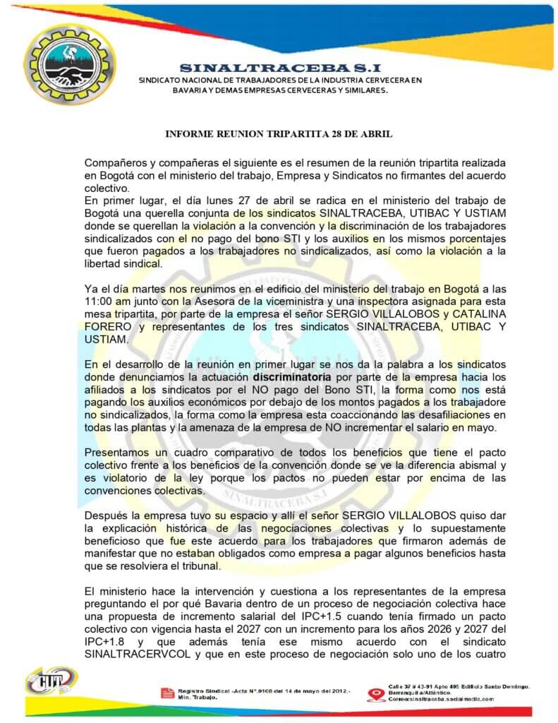 Mintrabajo interviene situación sindical en BAVARIA.