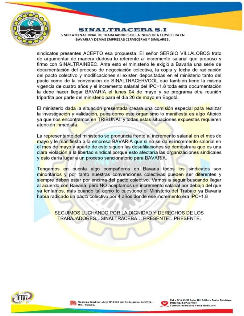 Mintrabajo interviene situación sindical en BAVARIA.